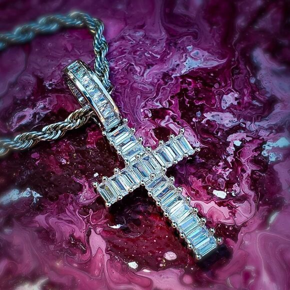 Silver Baguette Iced Out Cross Necklace - Picture 2 of 3